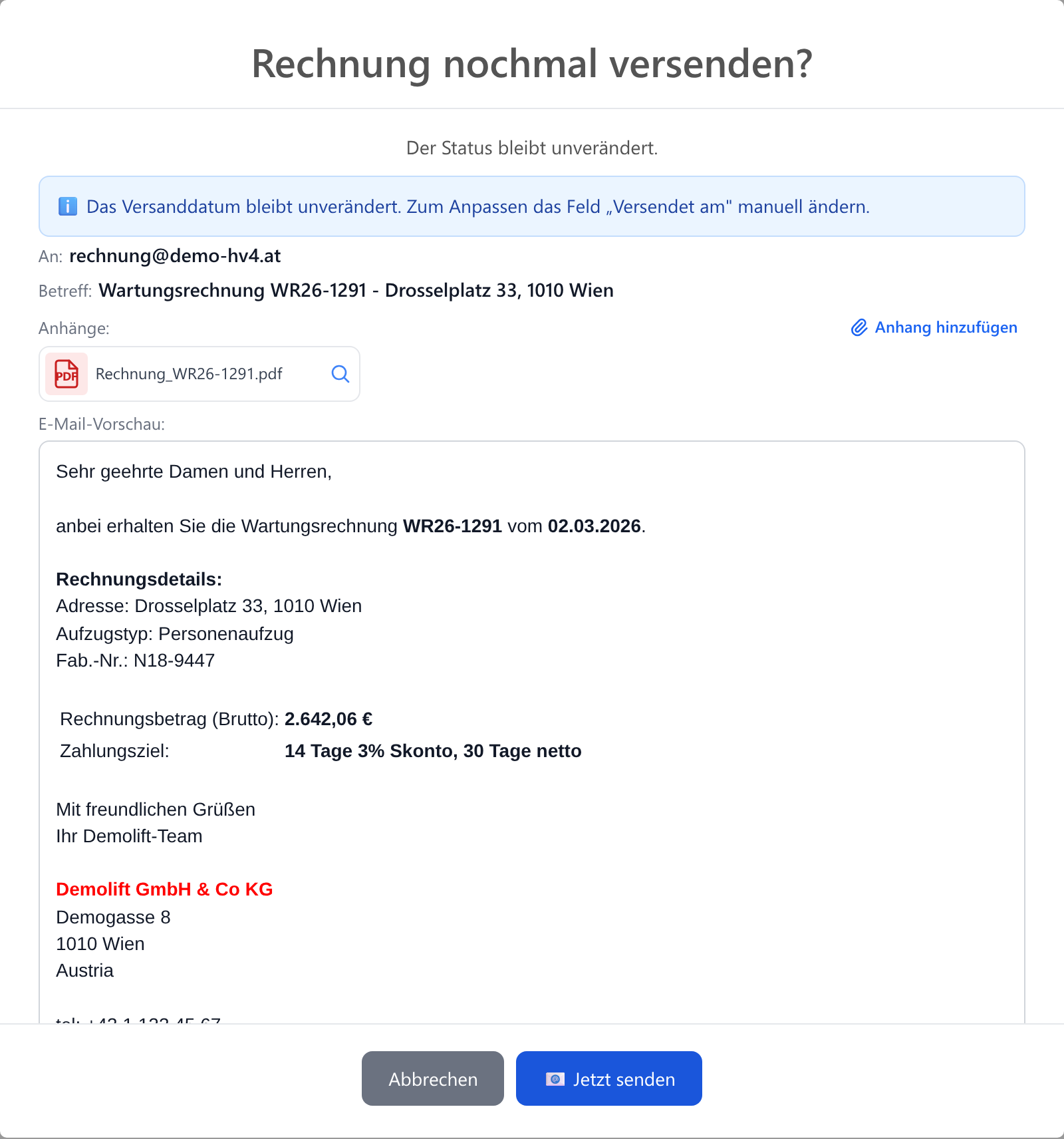 E-Mail-Vorschau vor dem Versand, mit dem fertigen PDF im Anhang